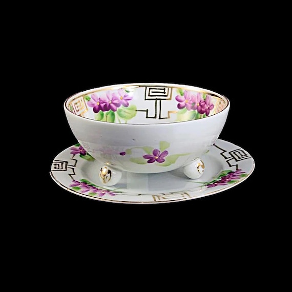 Antique Nippon, Mayonnaise Bowl, Footed Bowl with Underplate, Morimura Bros., Hand Painted, Floral Pattern, Sauce Bowl, Rice Bowl