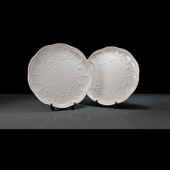 Salad Plates by I. Godinger & Co., Dragonflies Light Pink Pattern, Hard-to-Find, Set of Two