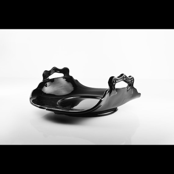 L. E. Smith Mt. Pleasant Black Glass Bon Bon Dish with Ornate Handles - Vintage 1920s–1930s