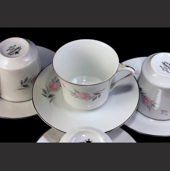 Cups and Saucers, Royal Court, Belle Rose, Pink Rose and Bud, Set of 4, Fine China