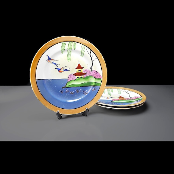 Japanese Lusterware Salad Plates, Oriental Landscape Scene, Set of 3