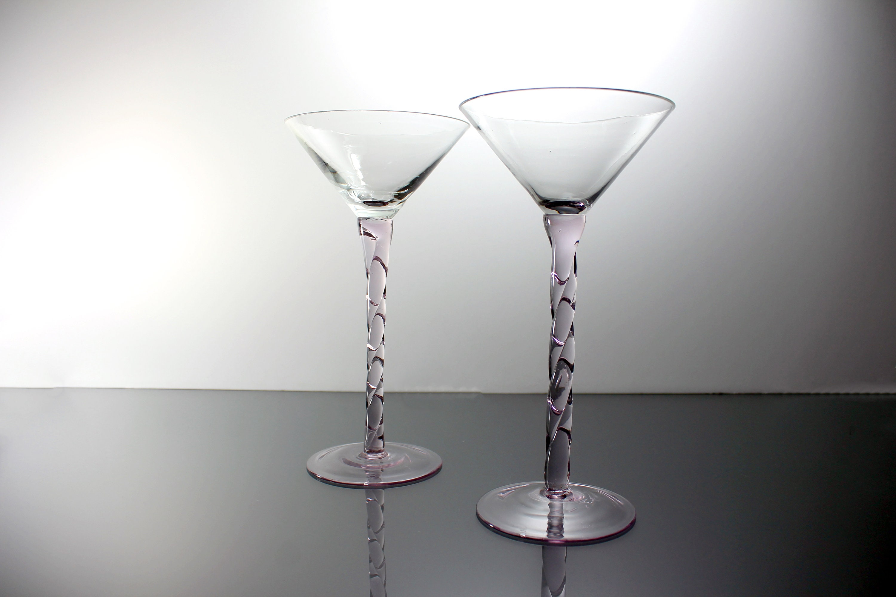 Tall Martini Glasses, Pink Twisted Stem, Set of 2, Handblown, Barware