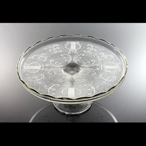 Pedestal Cake Stand, Jeannette Glass, Harp Pattern, Gold Trim, Cake Plate, Cake Platter, Dessert Stand