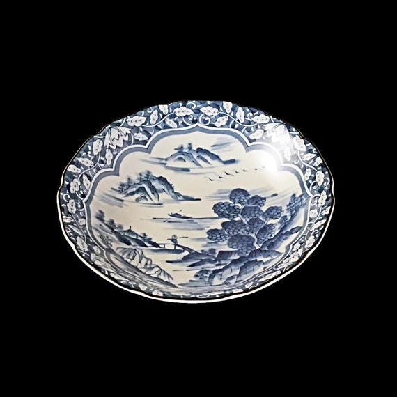 Blue and White Soup Bowl, Rice Bowl, Noodle Bowl,  Pasta Bowl, Landscape Pattern, Signed, Japanese Design, Porcelain