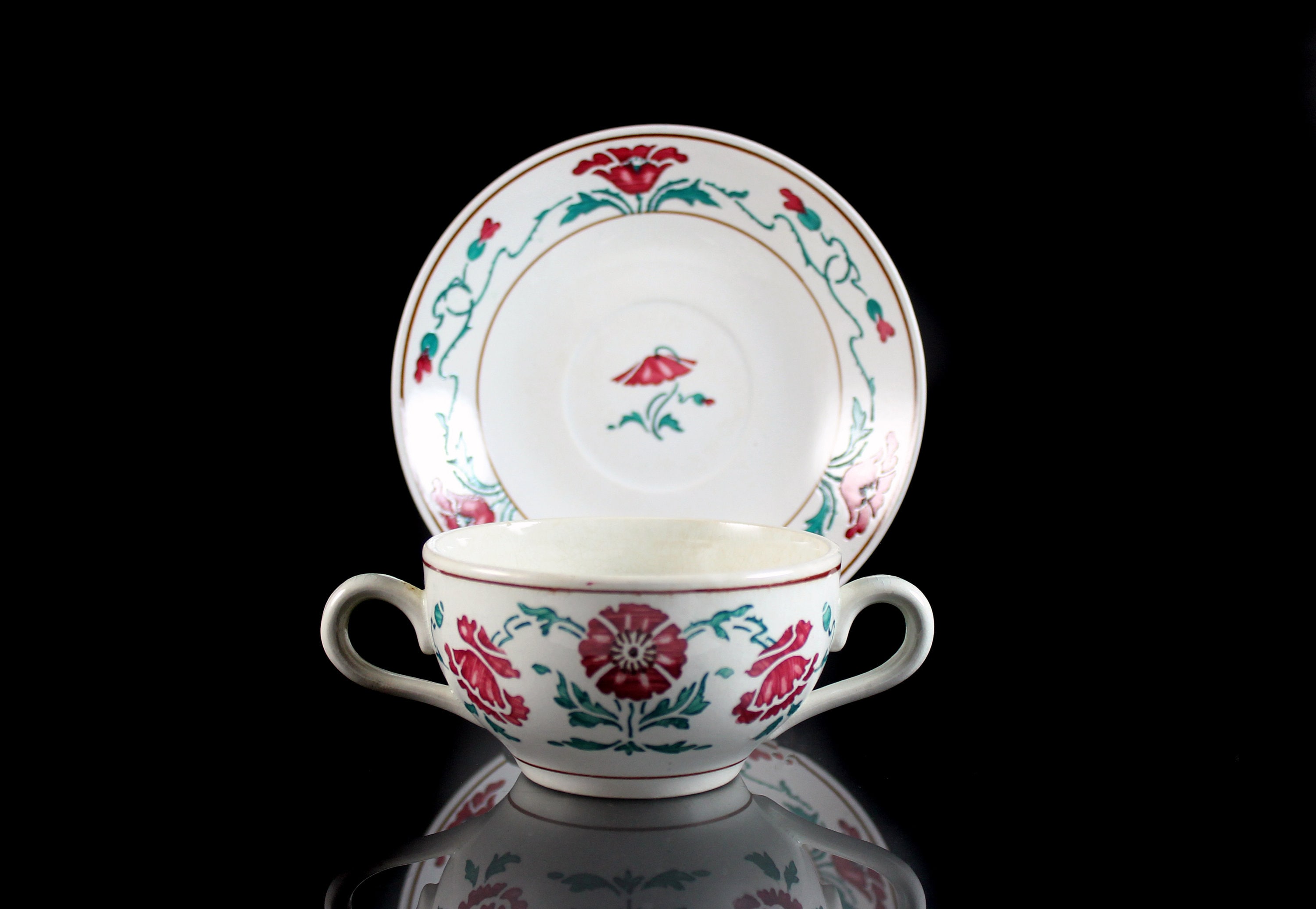 Antique Bouillon Cup and Saucer, Villeroy & Boch, Saxony, Dresden, Red