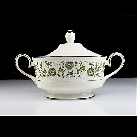 Oval Sugar Bowl, Mikasa, Fairfax, Ivory China, Green Floral Border, Platinum Trim, Discontinued