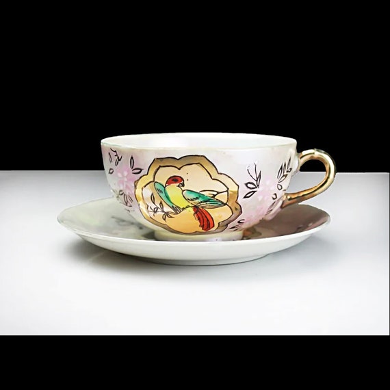 Teacup and Saucer, Made in Japan, Bone China, Eggshell Porcelain, Hand Painted, Bird, Gold Trim