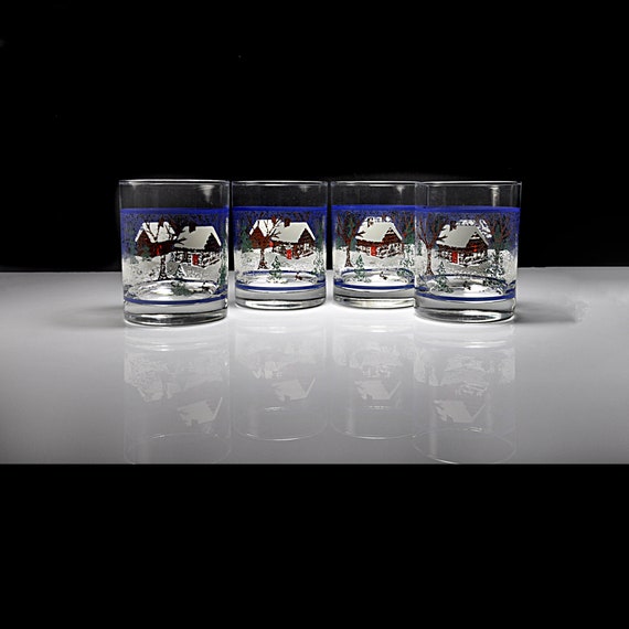 Old Fashion Glasses, Winter Scene with Log Cabin and Trees, Barware, Set of 4, 12 Ounce