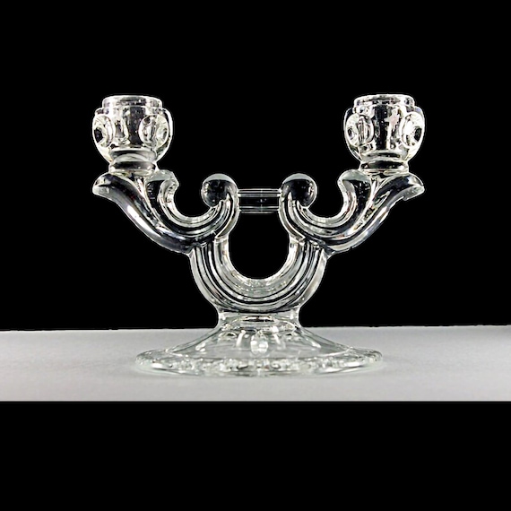 Double Light Candlestick, Sterling Crystal, Classique-Clear, Thumbprint, Oval and Dot Design, Clear Pressed Glass, 2  White Candles Included