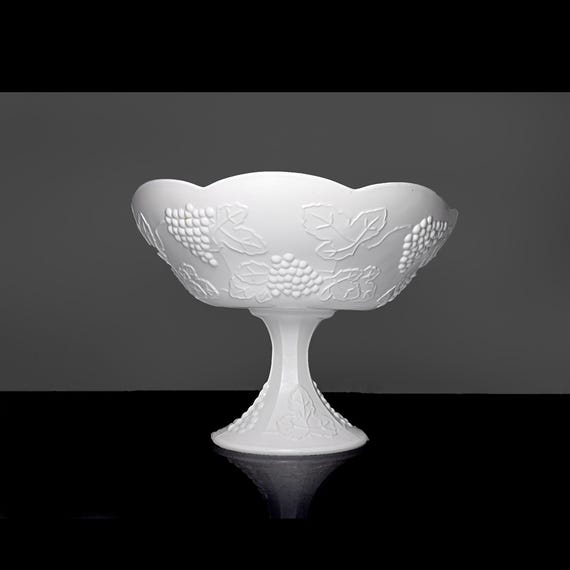 Colony Harvest Milk Glass Centerpiece Compote with Grape & Leaf Pattern - 10 Inch Diameter, 1970s Indiana Glass