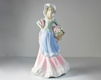Lenwile Ardalt Figurine, Woman With Basket, Raised Flowers, Porcelain, High Gloss