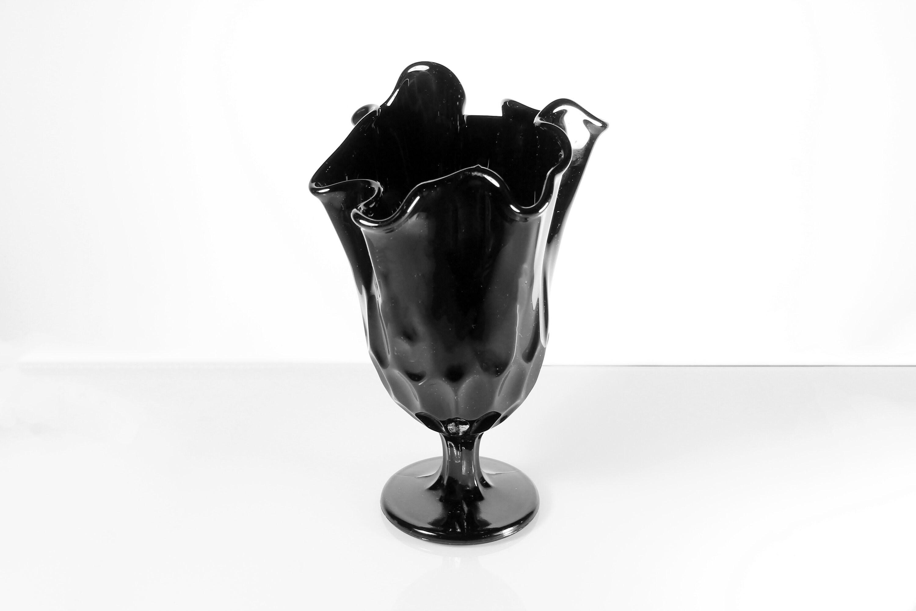 Fenton, Thumbprint Black Vase, Black Handkerchief Vase, Art Glass