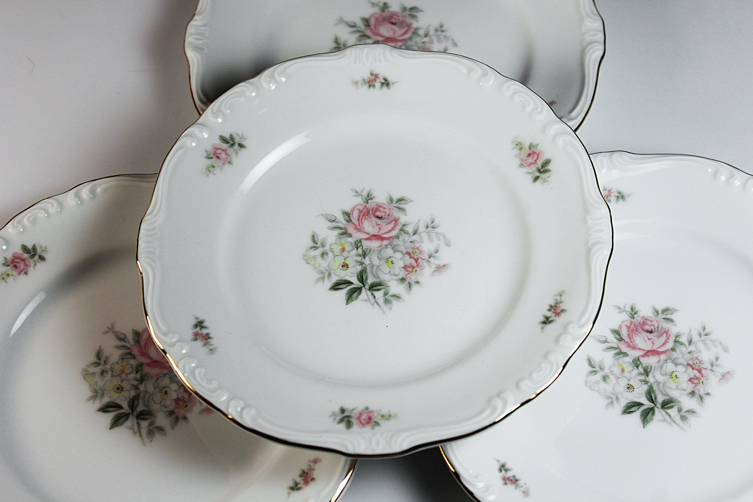 Bread and Butter Plates, Crest Wood, Rose, Pink Floral, Set of 4