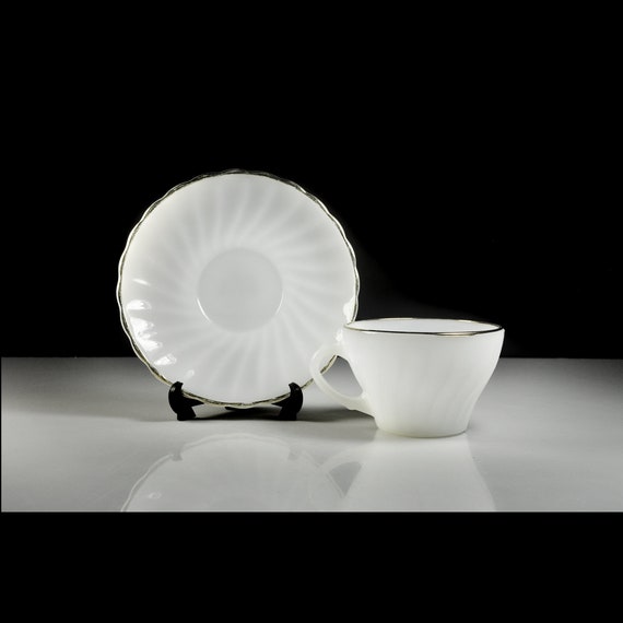 Anchor Hocking Fire King Cup and Saucer Set - Golden Shell, Milk Glass with Gold Trim