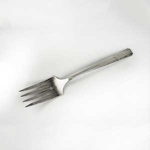 May include: A silver fork with a decorative handle. The handle has a floral design and a raised border.