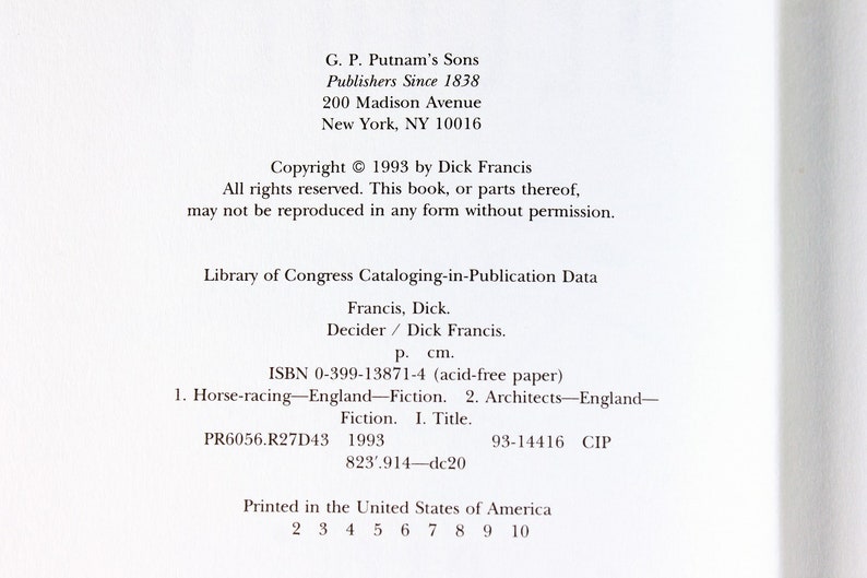 May include: A black and white copyright page with the title "Decider" by Dick Francis. The page includes the publisher's information, copyright details, Library of Congress Cataloging-in-Publication Data, ISBN, and printing information.