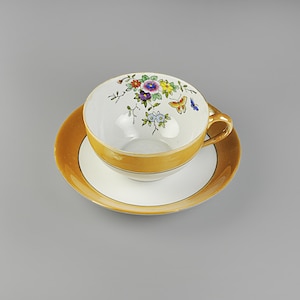 Antique Noritake Hand-Painted Teacup and Saucer - Morimura Wreath Mark - Gold Trim with Floral and Butterfly Design - Japan Porcelain