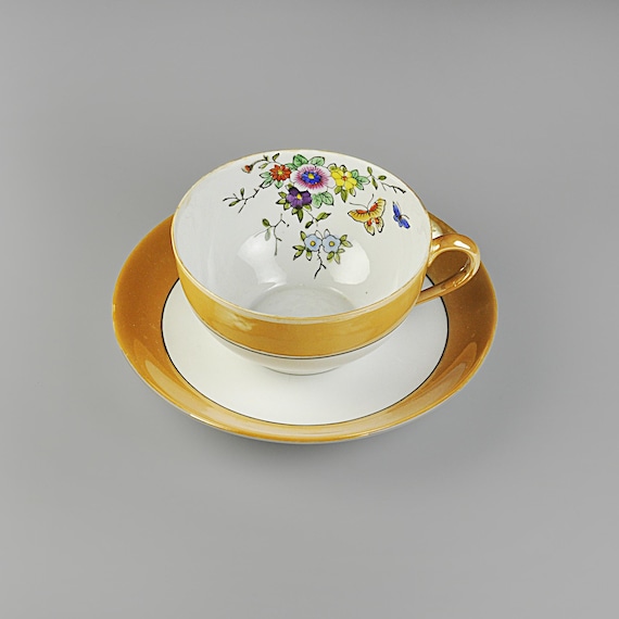 Antique Noritake Hand-Painted Teacup and Saucer - Morimura Wreath Mark - Gold Trim with Floral and Butterfly Design - Japan Porcelain