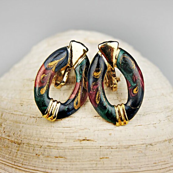 Enamel Earrings, Door Knocker, Post, Gold Tone, Fashion Jewelry, Costume Jewelry, Women's Gift