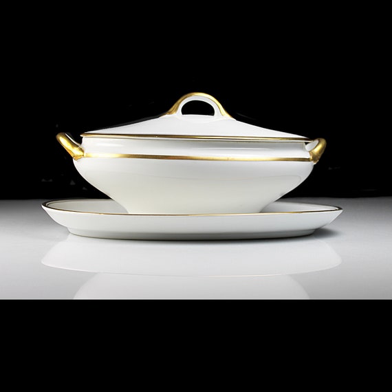 Antique Gravy Boat, Noritake Nippon, Waverly, RC (Royal Crockery), White and Gold China, Boat with Cover and Attached Underplate, Sauce Boat