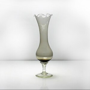 Etched Brown Bud Vase, Hand Blown Glass, Clear Swirled Stem, Pedestal Bud Vase, 8 Inch