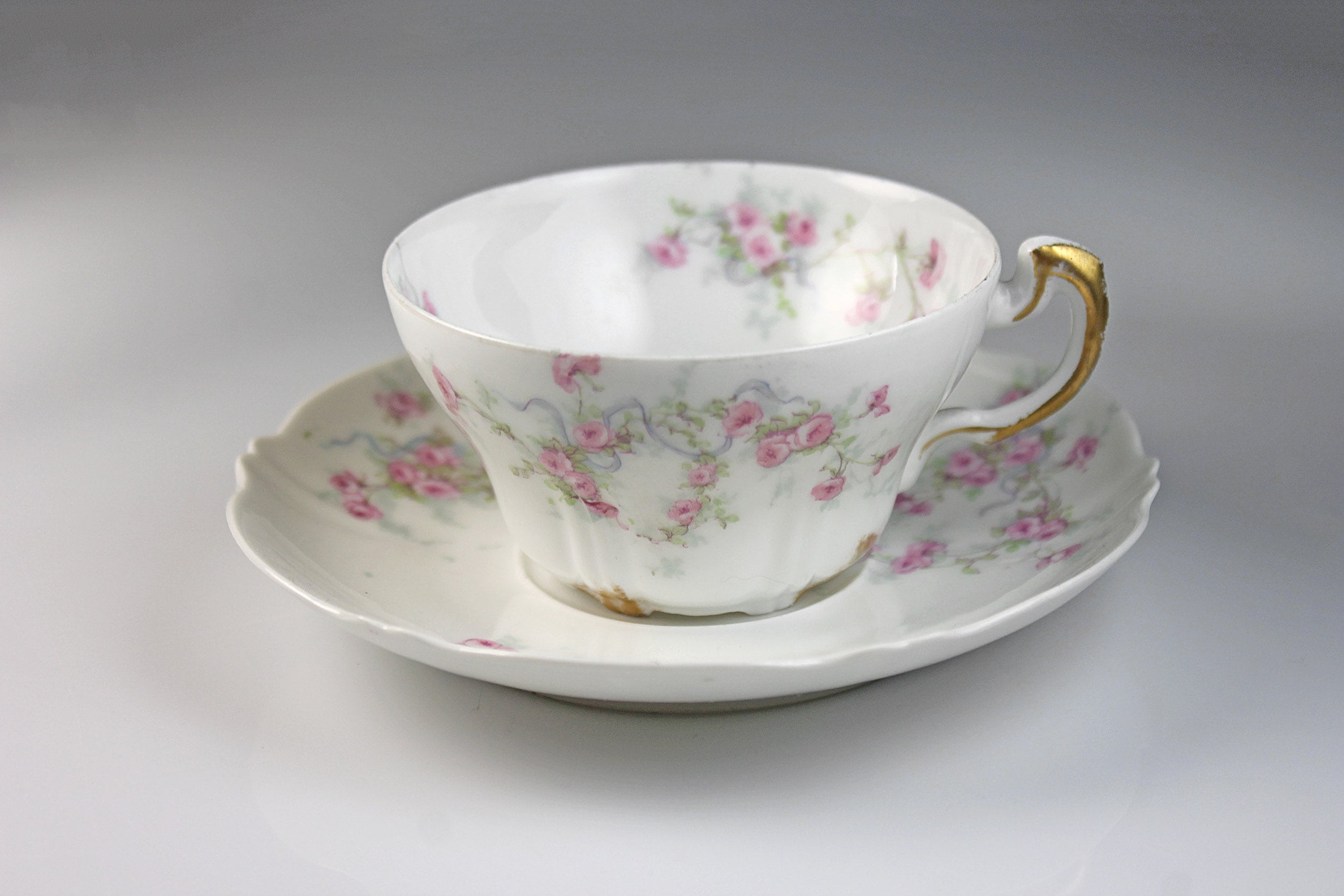 Antique Cup and Saucer, Theodore Haviland, Limoges, France, Gold