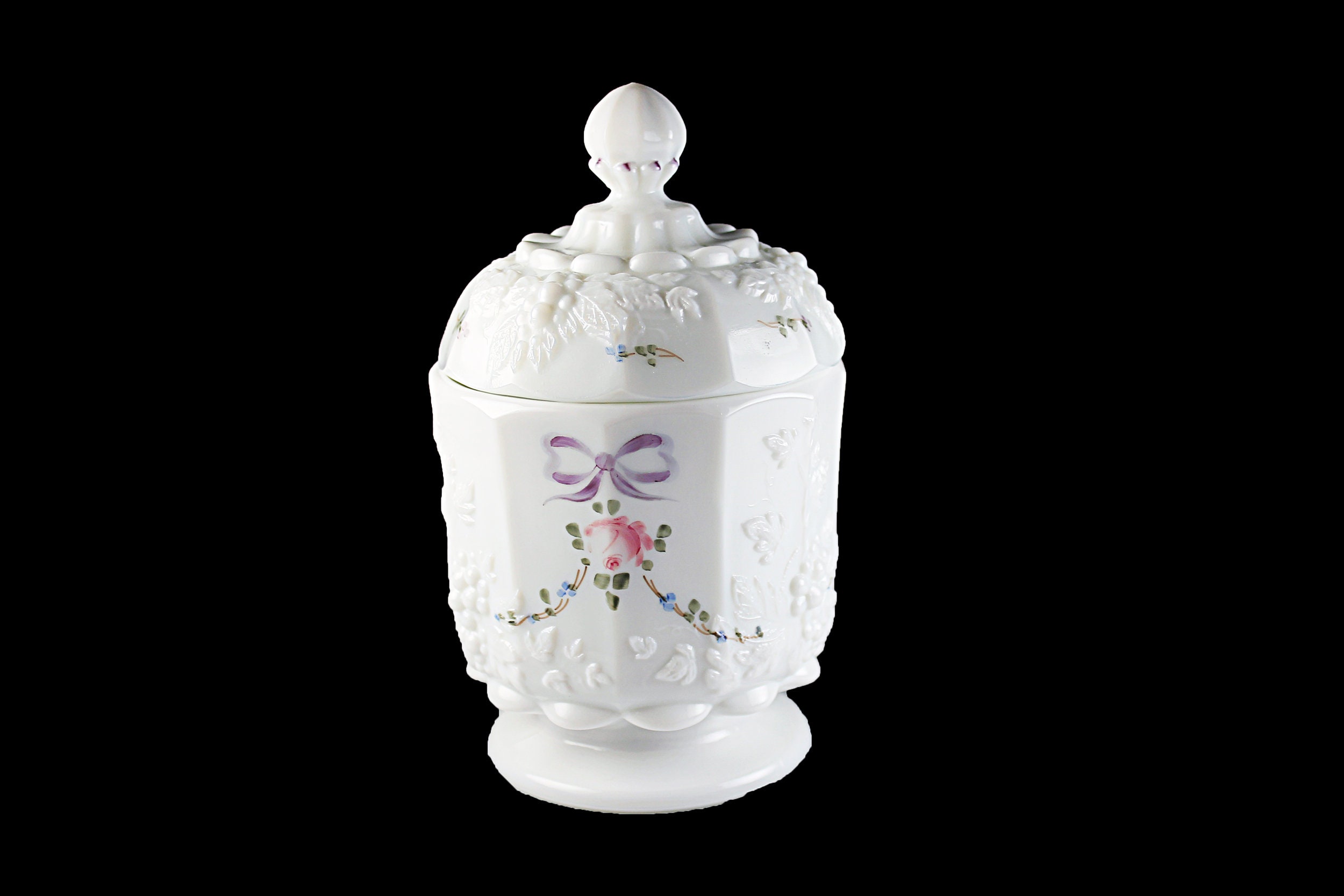 Westmoreland Candy Dish, Roses and Bows, Milk Glass, Embossed Grapevine, 7 Inch, Wedding Gift