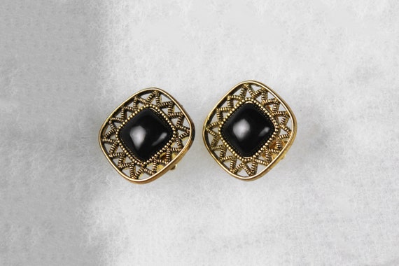 Square Clip-On Earrings, Onyx Bead, Gold Tone, Co… - image 7