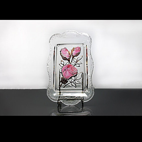 Rose Bread Tray, Vanity Tray, Embossed, Rectangle, Pressed Glass