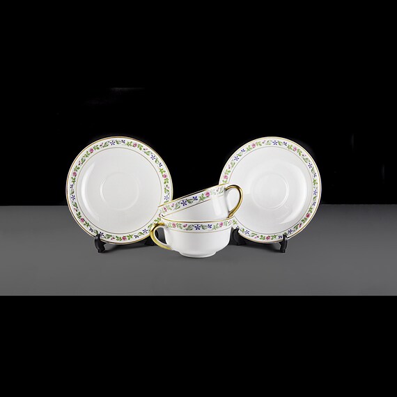 O.P. Co. Syracuse China Cups and Saucers - Melrose Pattern - Set of 2 - Antique China (c. 1920s) - Floral Border Design