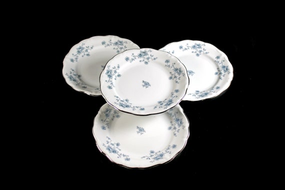 Bread and Butter Plates, Johann Haviland, Blue Garland, Bavarian Backstamp, Floral Pattern, Set of Four, Fine China, Discontinued