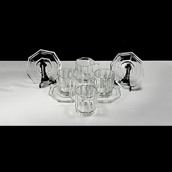 Crown Corning Dimensions Octagon Cups and Saucers Set, Clear Glass Beverage Mugs, Set of 4 (8 Ounce Each)