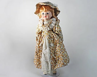 Collectible Porcelain Doll, Prairie Floral Dress, Blonde Doll, Display Doll, Stand Included, 16 Inch Doll