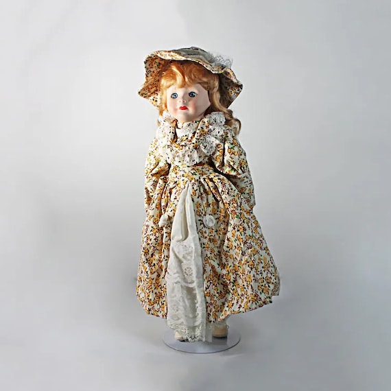 Collectible Porcelain Doll, Prairie Floral Dress, Blonde Doll, Display Doll, Stand Included, 16 Inch Doll