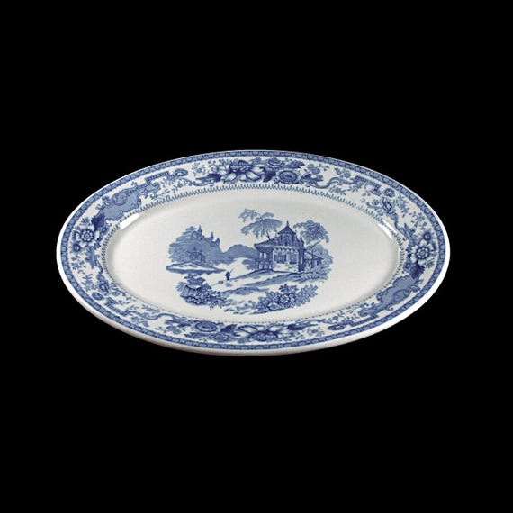 Syracuse China Platter, Mayfair Blue, Blue and White, Castle Center, Restaurant Grade, 13 Inch