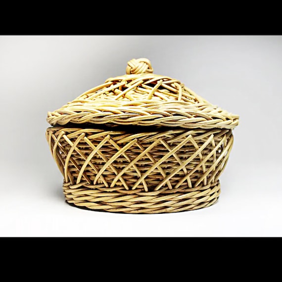 Covered Round Wicker Basket, Decorative, Storage, Home Decor, Handmade, Intricately Woven