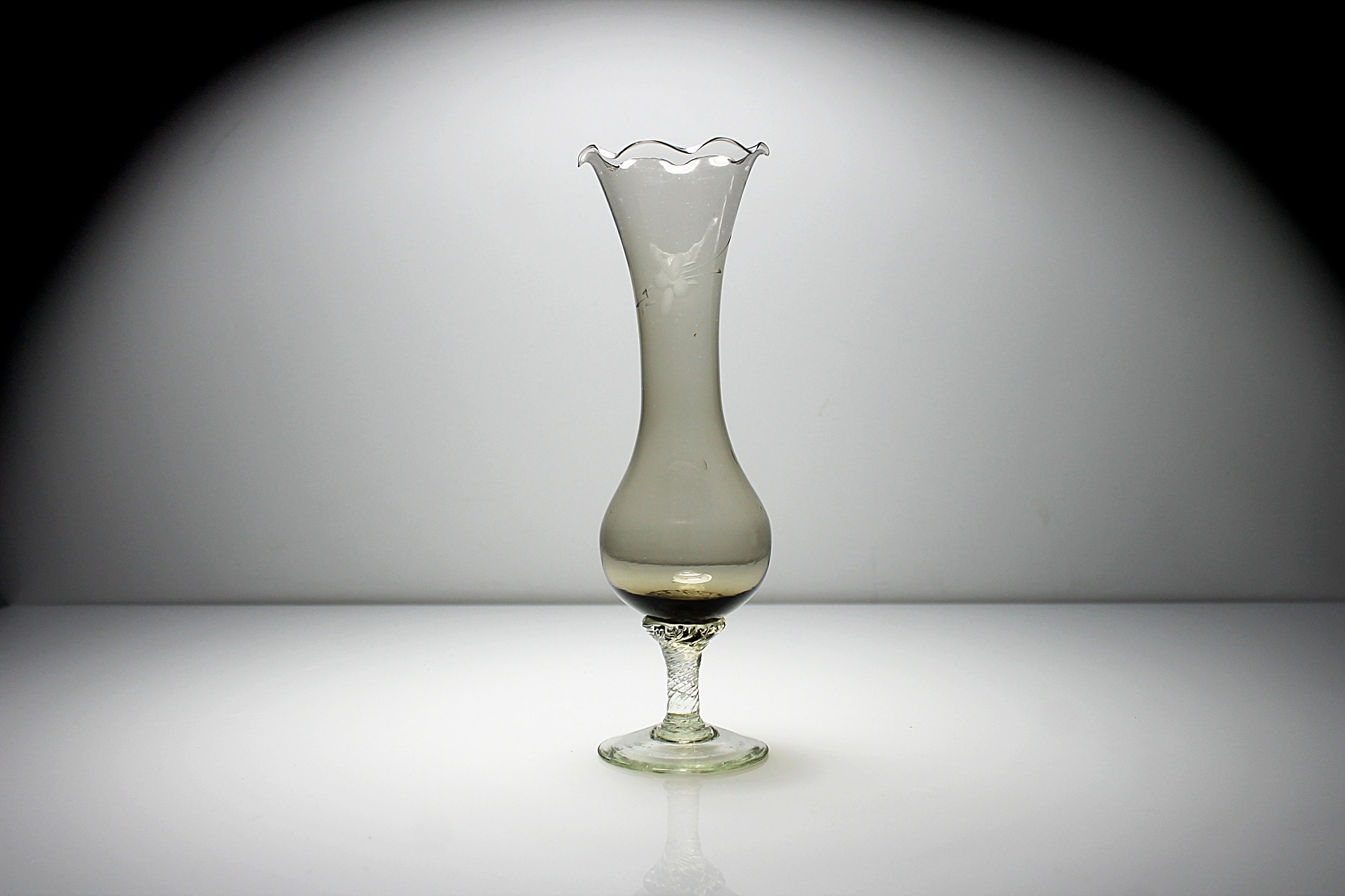 Etched Brown Bud Vase, Hand Blown Glass, Clear Swirled Stem, Pedestal Bud Vase, 8 Inch