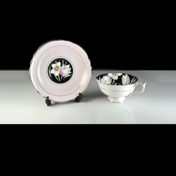 Vintage Paragon Bone China Teacup and Saucer, Pink Black Floral, England