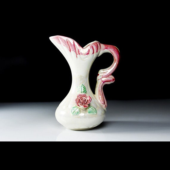 Small Lusterware Pitcher, Raised Rose, Pink, Hand Painted, Art Pottery