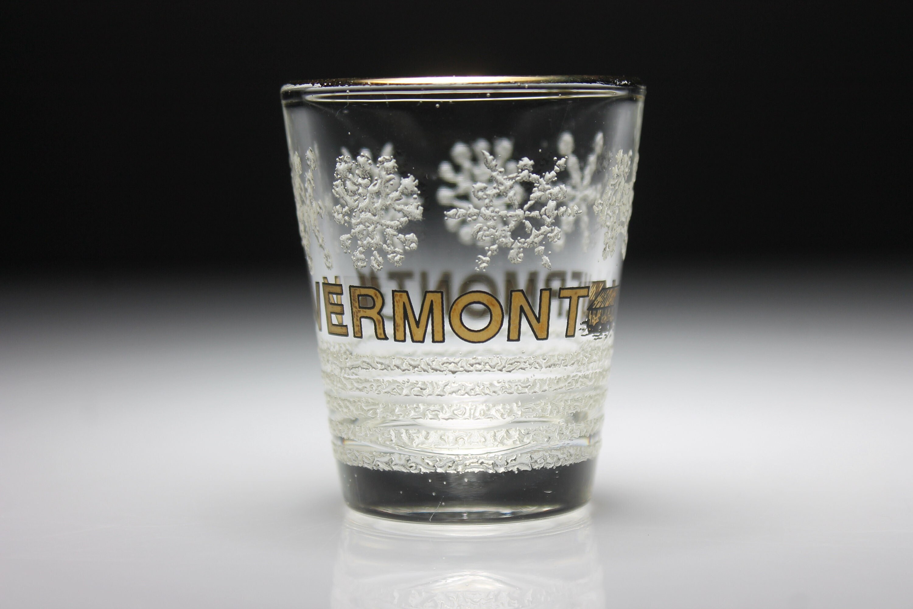 Souvenir Shot Glass, Vermont, Embossed Snowflakes, Clear Glass, PryoGlazed, Collectible, Barware