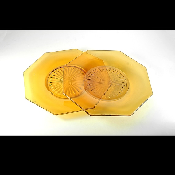 Vintage Amber Octagon Dessert Plates, Set of Two, Starburst Depression Glass Salad Plates