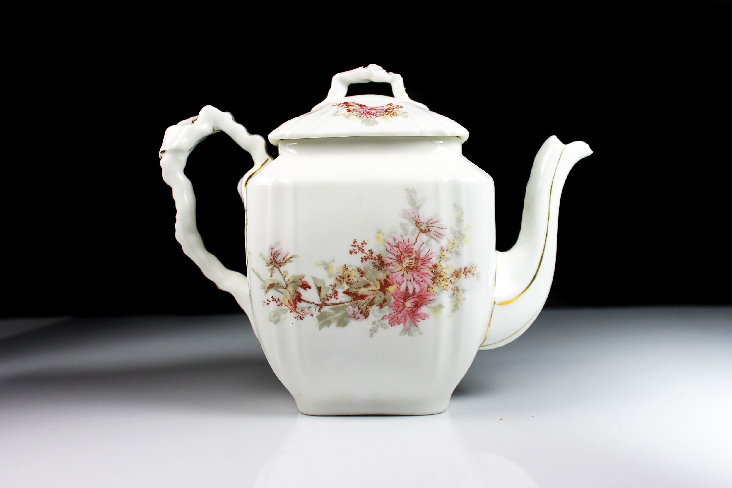Antique Leonard Vienna Teapot, 4 Cup, Square, Pink Flowers, Embossed