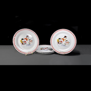 Dinner Plates, Trisa Dinnerware, Set of 4, Snowman Family, Winter and Holiday Decor, Dessert Plates