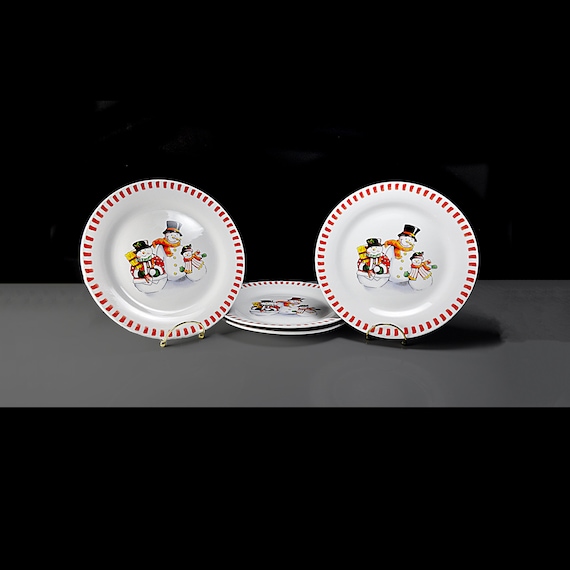 Dinner Plates, Trisa Dinnerware, Set of 4, Snowman Family, Winter and Holiday Decor, Dessert Plates