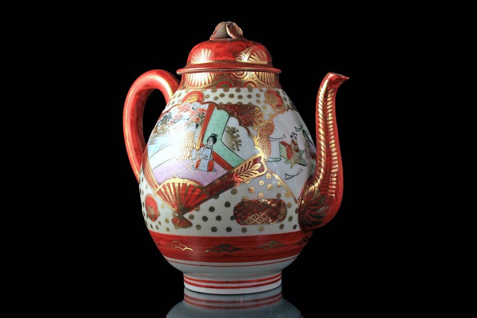 Japanese Teapot, Hand Painted, Suzuki Company, Footed, Red and White