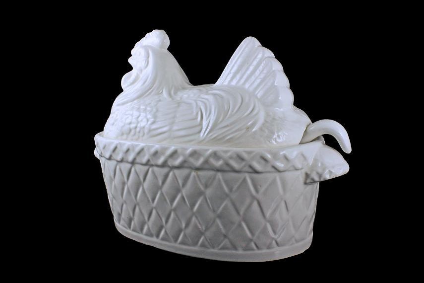 Soup Tureen With Ladle, Hen on Basket, Kitchen Gourmet Himark, Made In Japan, Ceramic, White