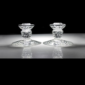 Fostoria Candlesticks, American Clear, 3 Inch Tall, Candle Holders, Pair, Clear Cubed Glass, White Taper Candles Included