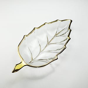 Hazel-Atlas Glass Leaf Bowl with Bright Gold Trim, 9 Inches – Mid-Century Elegant Serving Dish or Decorative Accent Piece