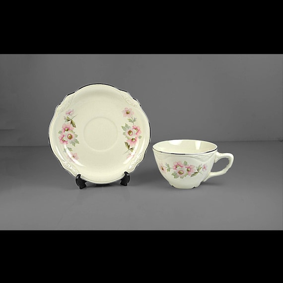 Homer Laughlin Virginia Rose Cup and Saucer Pink Floral Silver Trim