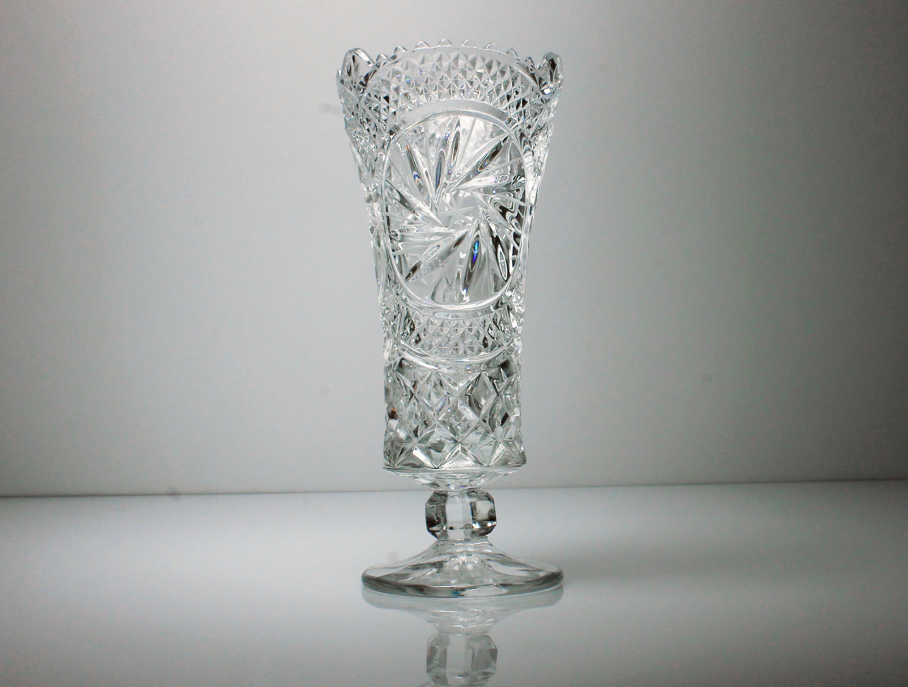 Crystal Footed Bud Vase, Pressed Glass, Pinwheel and Fan, Clear Glass
